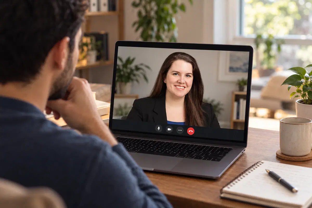 A person joins a telehealth session on a laptop in a warm home office