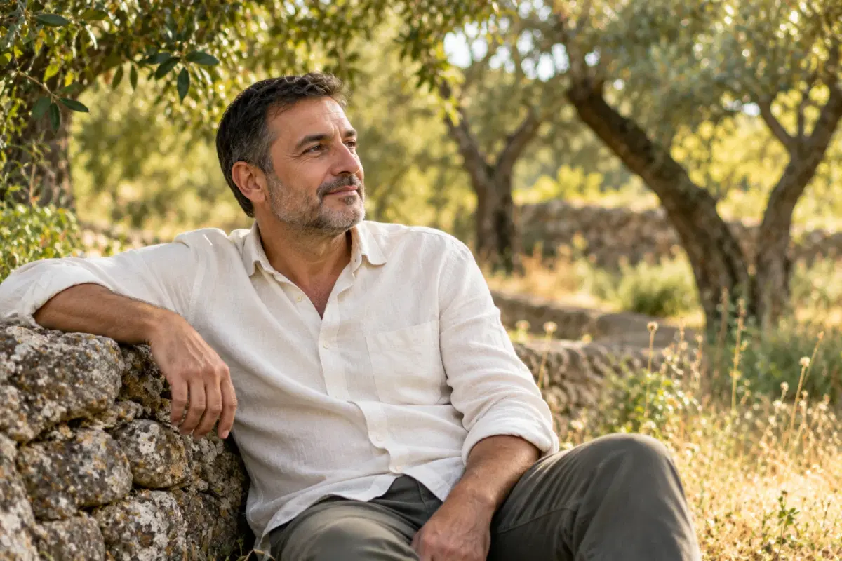 An adult man sits in a shaded garden among trees.