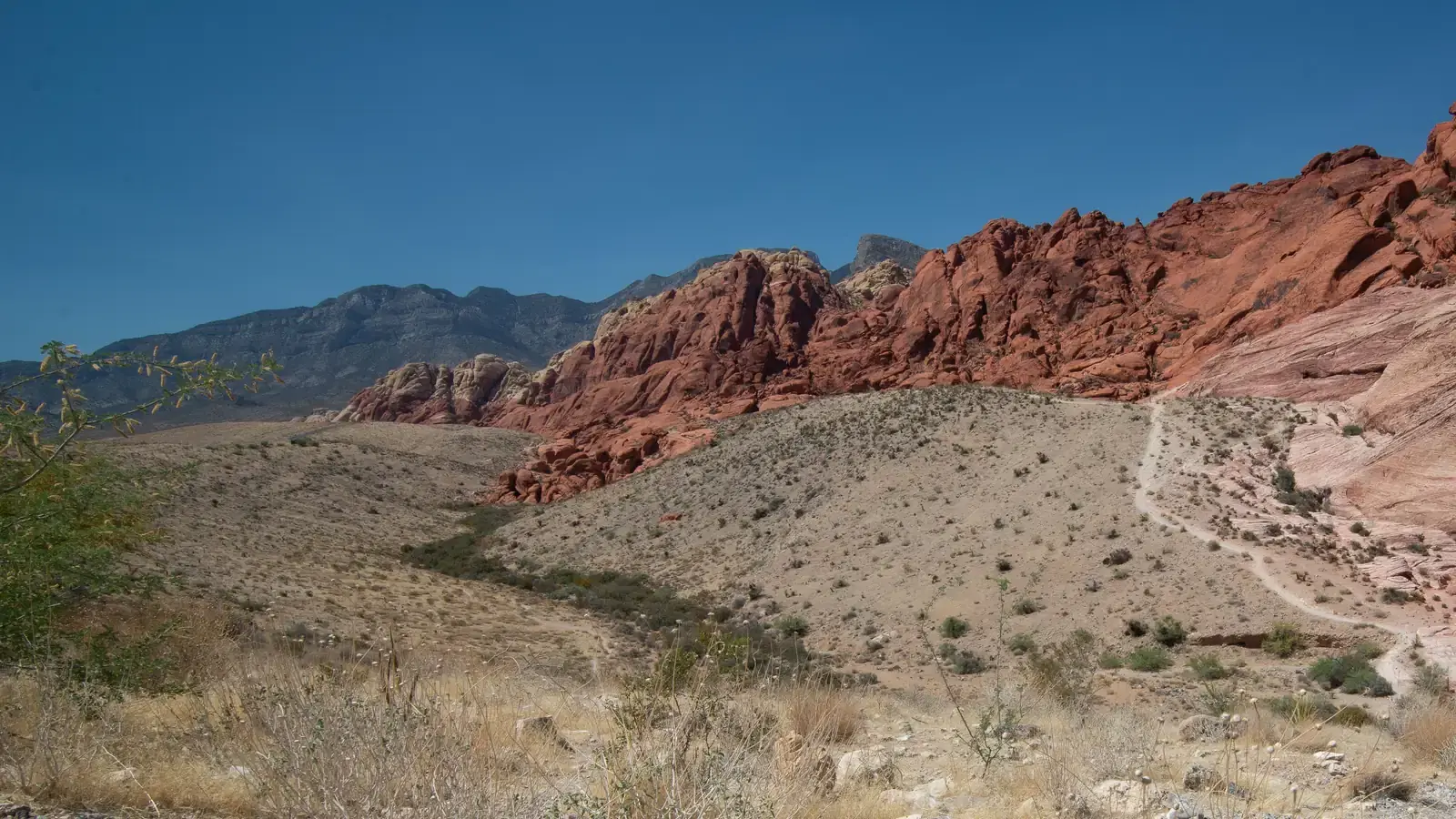Red Rock Canyon rock formations and desert scrub beneath a broad Nevada sky.