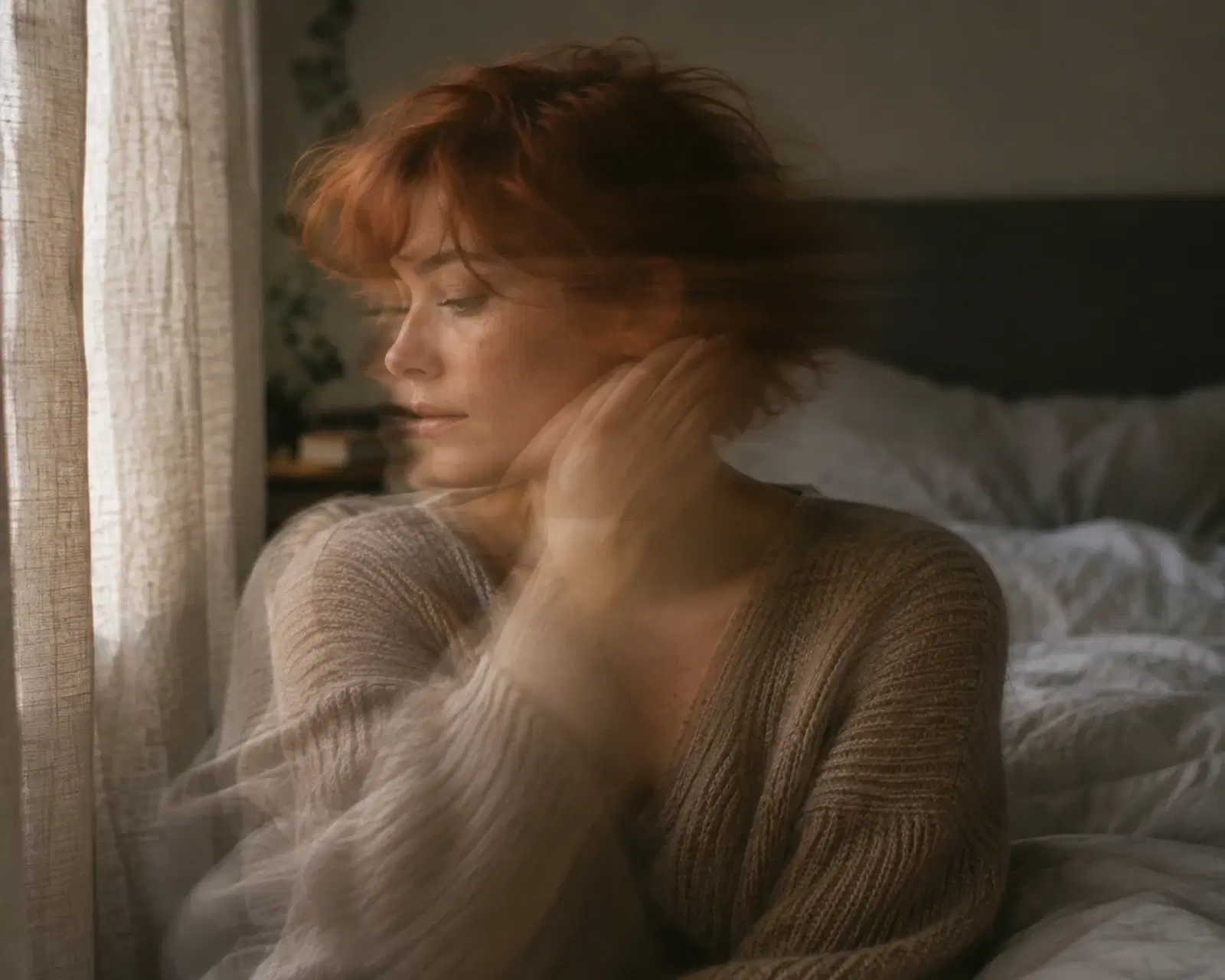 Woman seated beside a window with her head resting in her hand