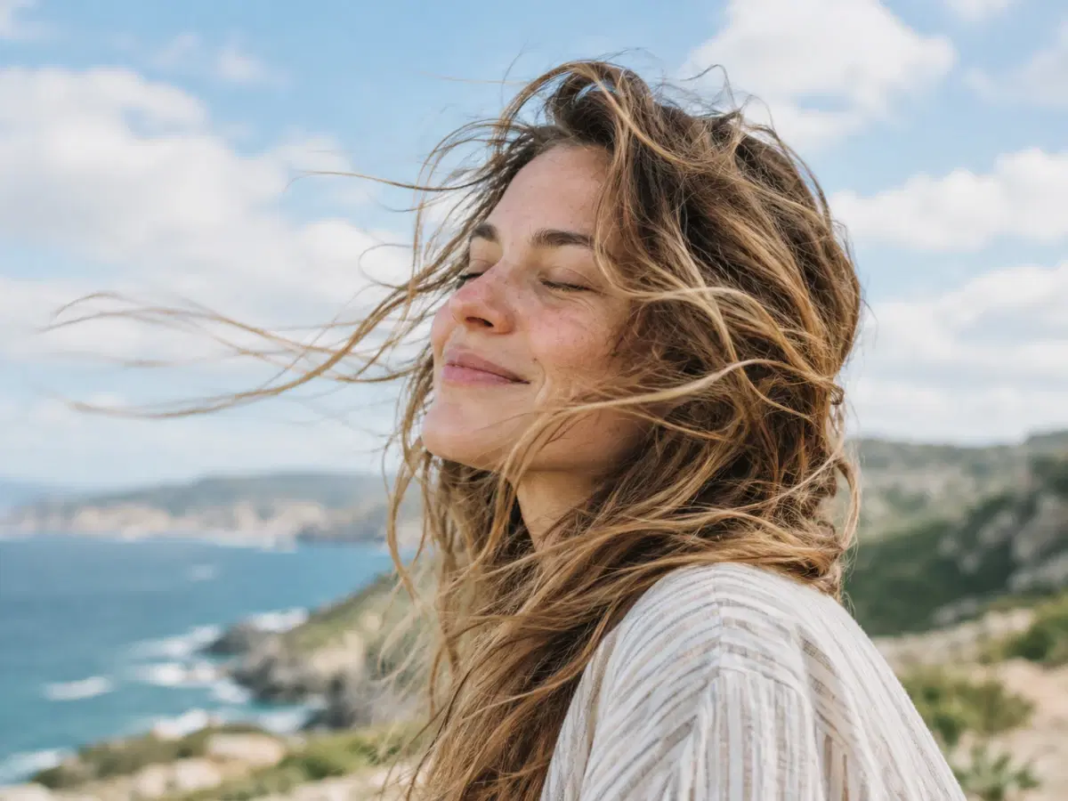 An adult woman closes her eyes as wind blows her hair beside the coast.