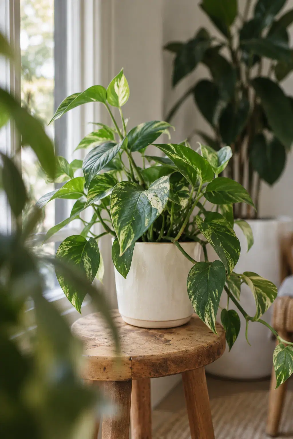 A leafy houseplant sits beside a sunlit window.