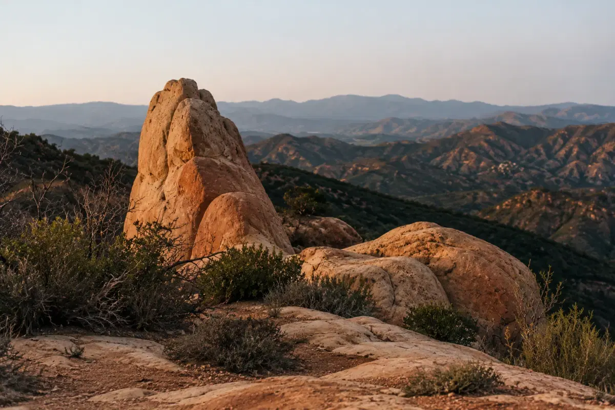 An adult sits with a dog on a rocky overlook above a quiet landscape.
