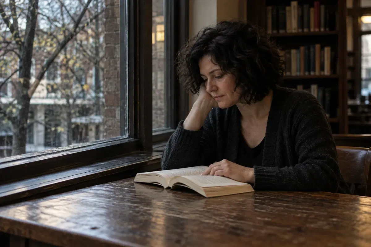 An adult woman reads beside a café window.