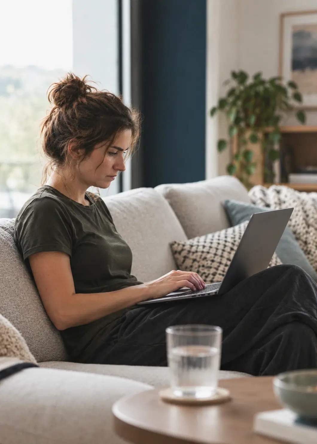 An adult woman using a laptop while seated on a sofa.